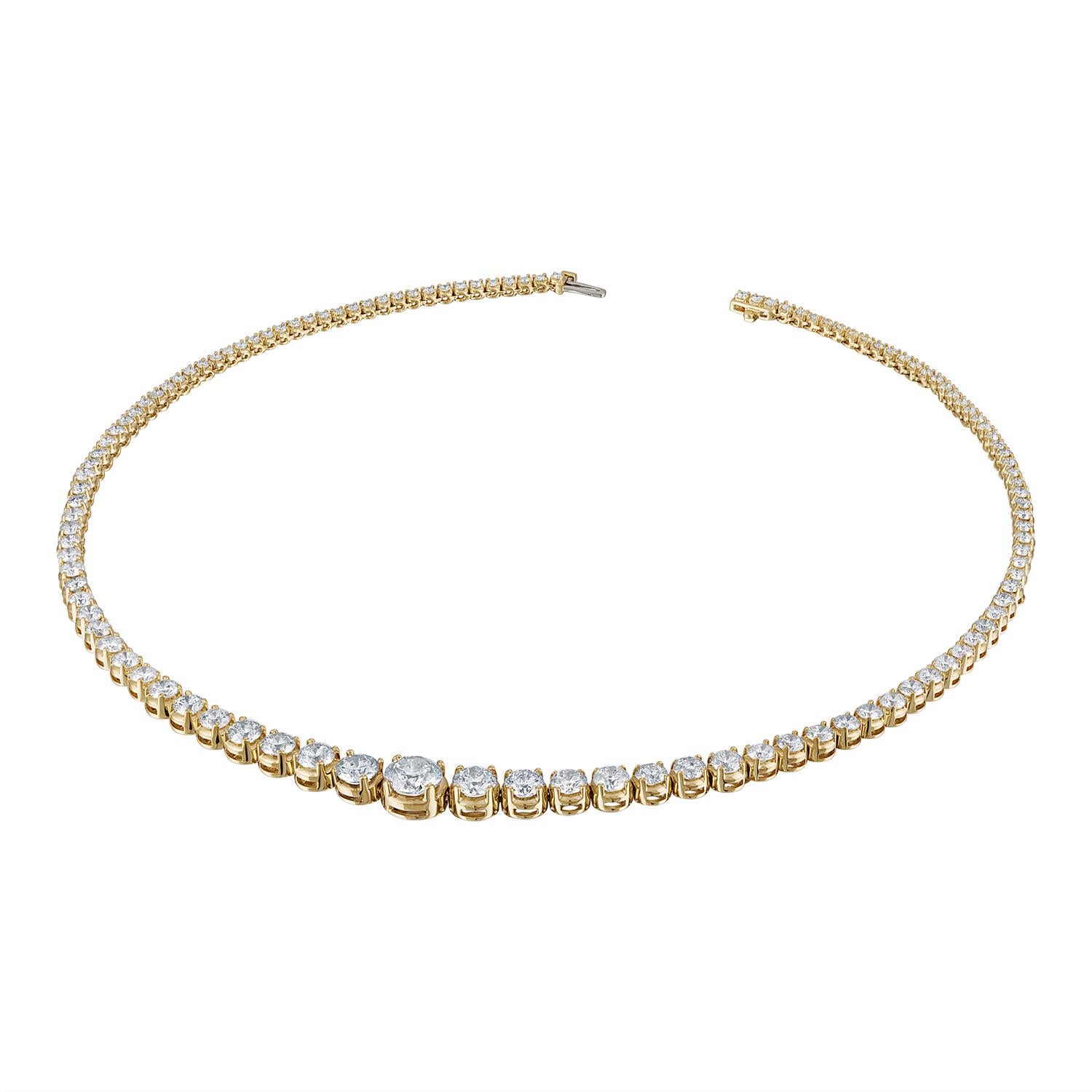 Contemporary Yellow Gold Tennis Necklace of over 18 Carat of Round Diamonds