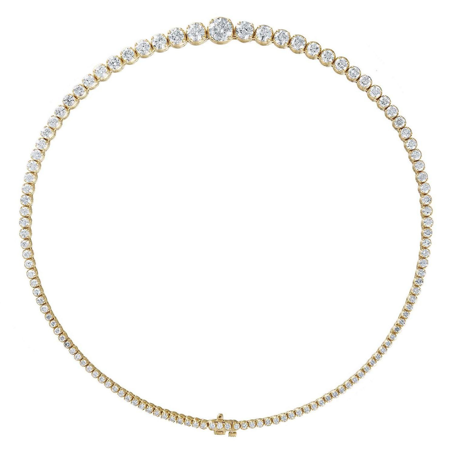 Round Cut Yellow Gold Tennis Necklace of over 18 Carat of Round Diamonds