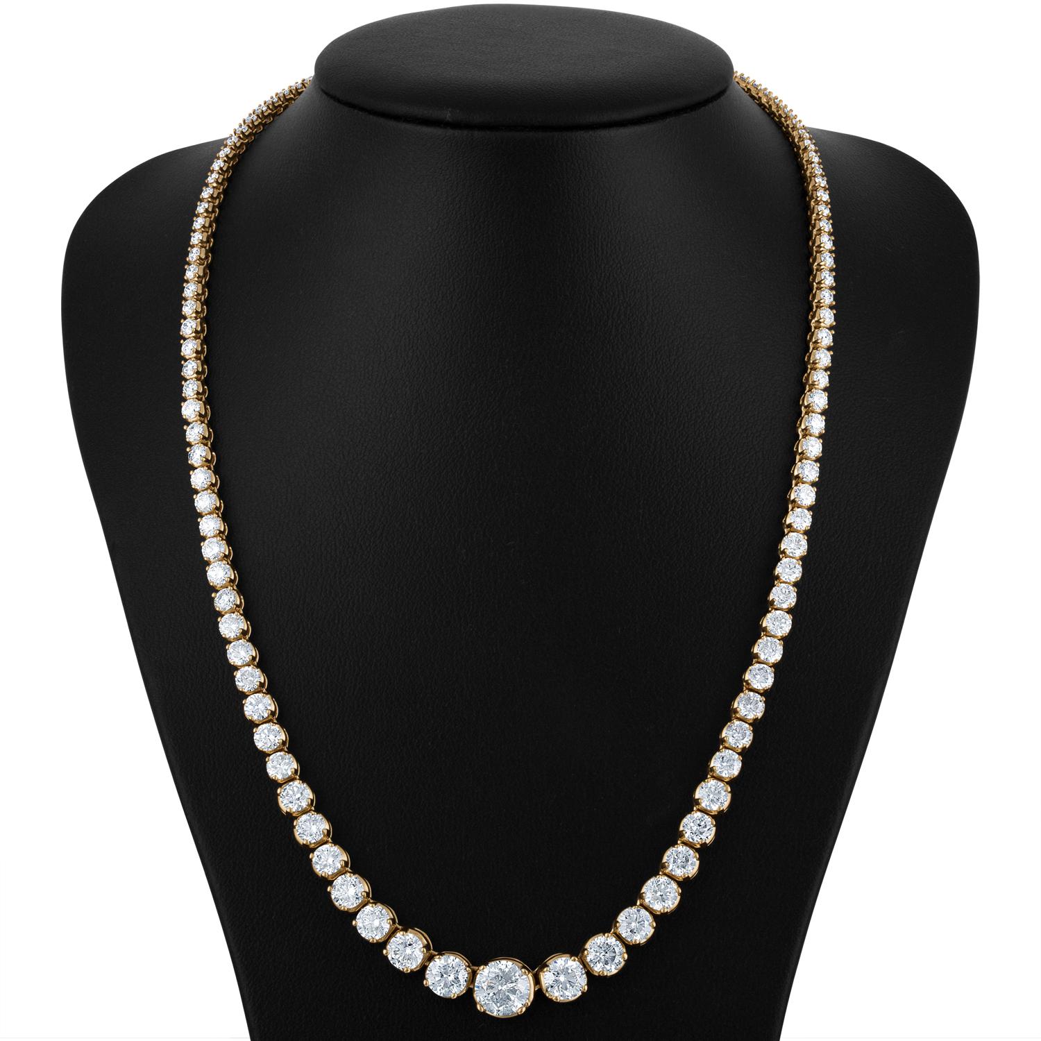 Women's Yellow Gold Tennis Necklace of over 18 Carat of Round Diamonds