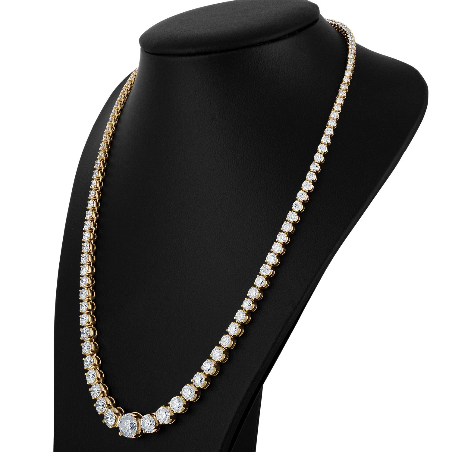 Yellow Gold Tennis Necklace of over 18 Carat of Round Diamonds 1