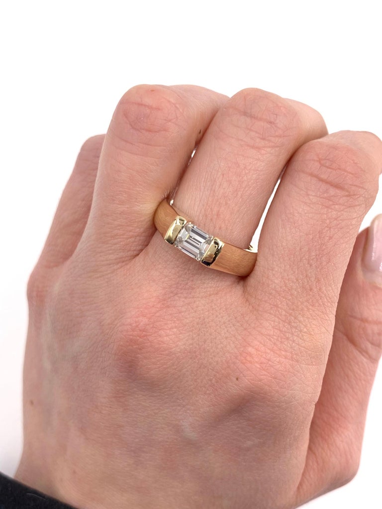 Yellow Gold Tension Set Emerald Cut Diamond Solitaire Ring For Sale at