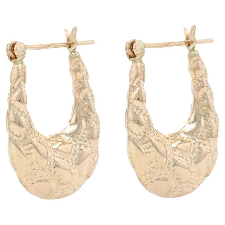 Yellow Gold Textured Animal Print Tapered Hoop Earrings - 14k Pierced For Sale