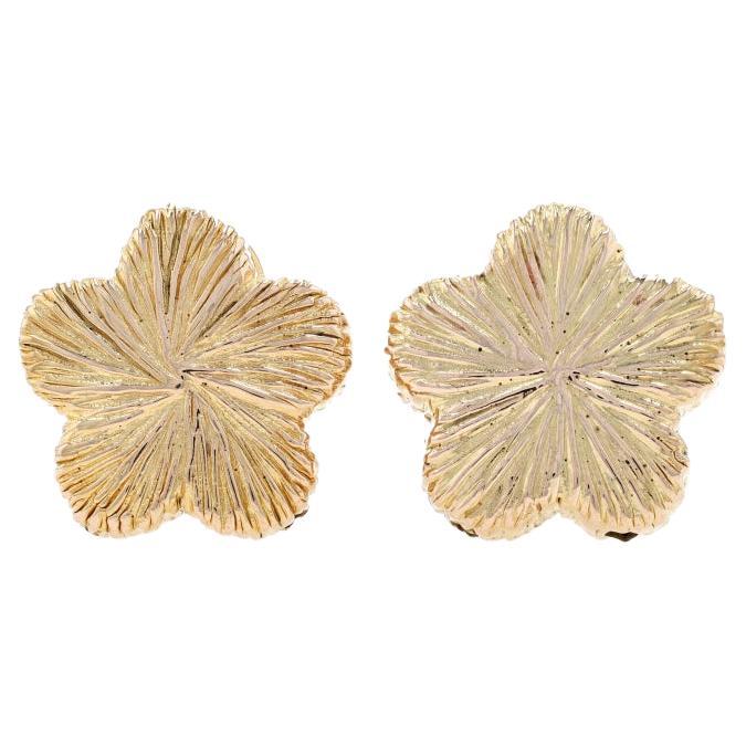 Yellow Gold Textured Flower Large Stud Earrings - 14k Botanical Pierced For Sale