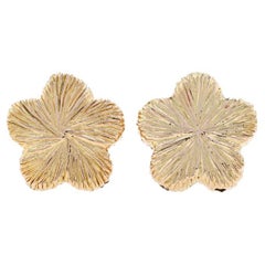 Yellow Gold Textured Flower Large Stud Earrings - 14k Botanical Pierced