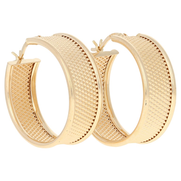 Yellow Gold Textured Hoop Earrings, 14k Pierced Snap Closures For Sale