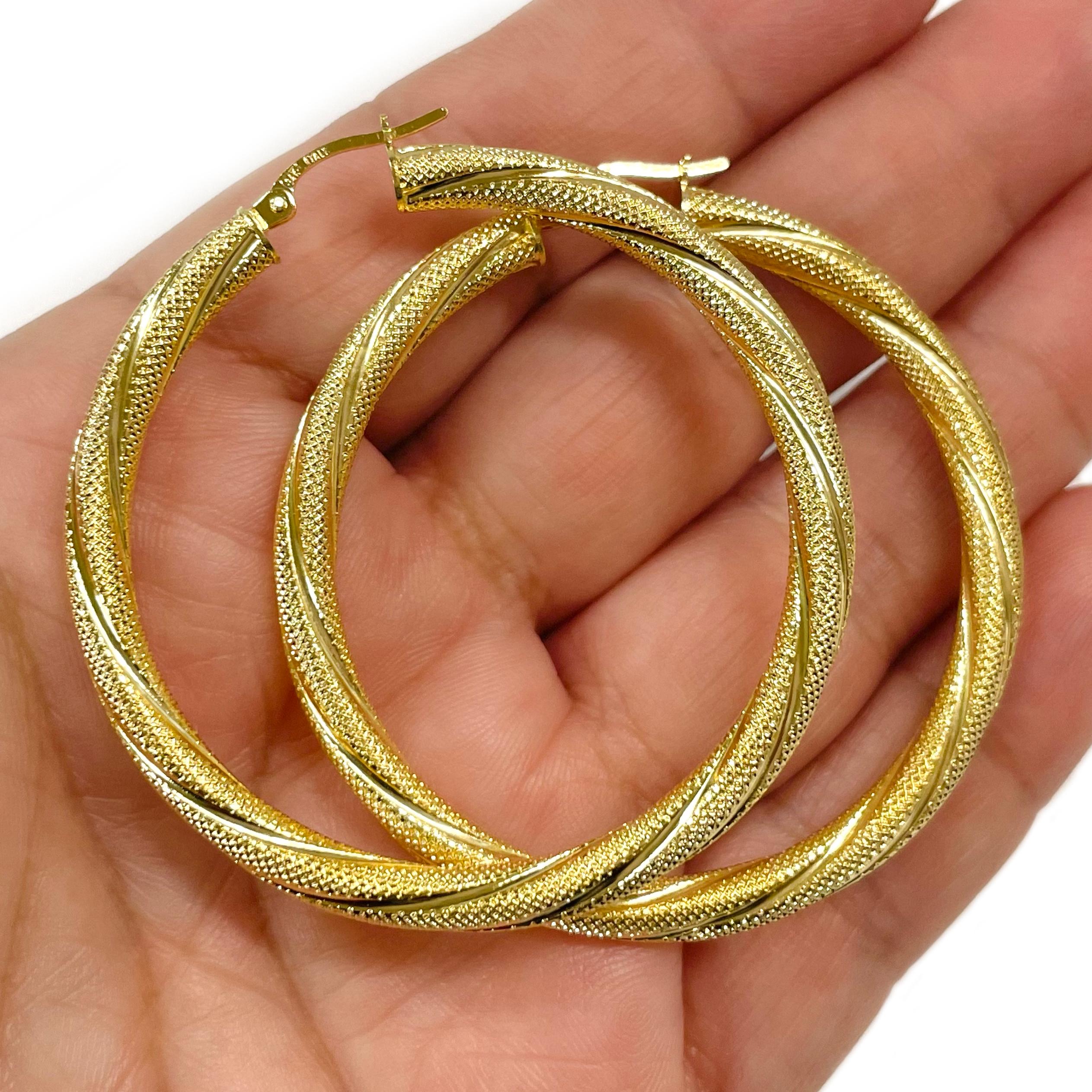 Women's or Men's Yellow Gold Textured Hoop Earrings For Sale