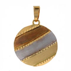Yellow Gold Textured Stripe Dome Disc Pendant - 18k Circle Italy