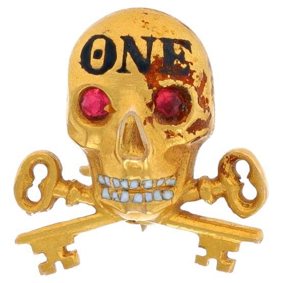 Yellow Gold Theta Nu Epsilon Badge 14k Garnet Skull Keys Antique Fraternity Pin