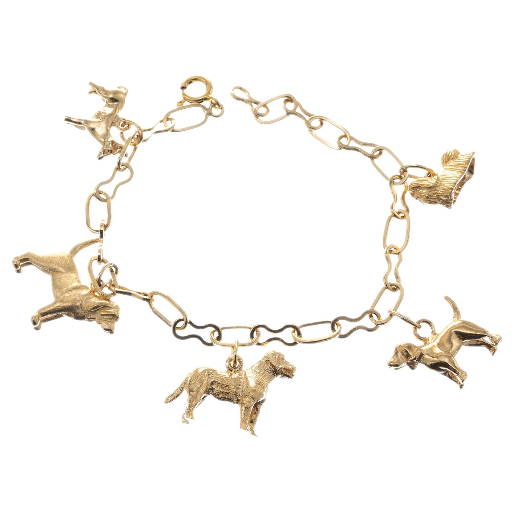 Yellow Gold Three-Dimensional Dog Theme Charm Bracelet