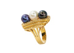 Yellow Gold Three-Pearl and Diamond Multi-Row Cocktail Ring
