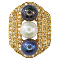 Yellow Gold Three-Pearl and Diamond Multi-Row Cocktail Ring