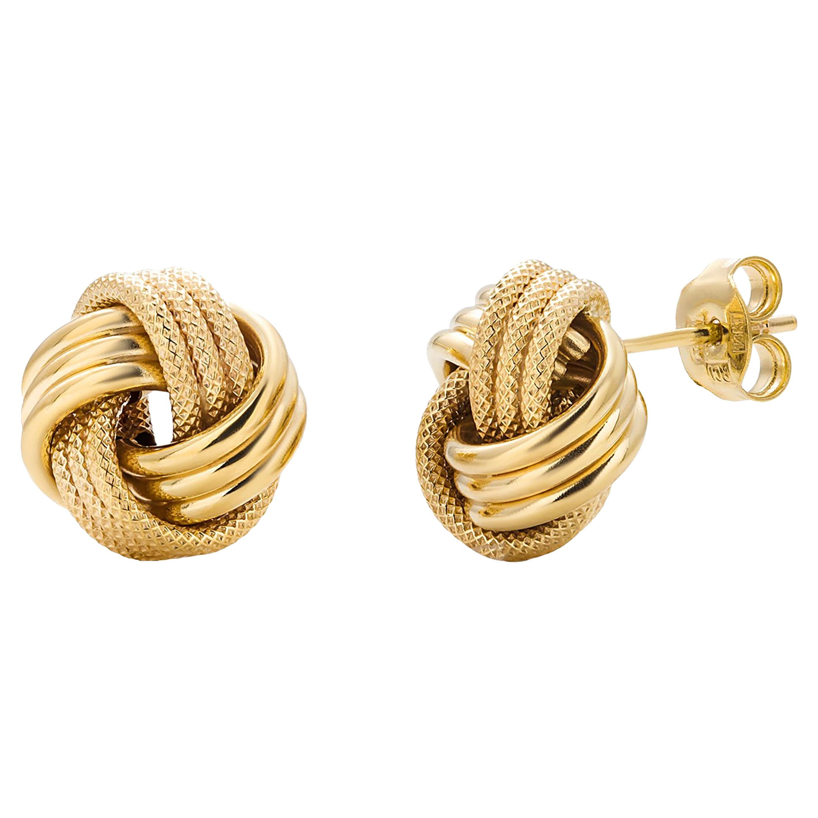  Three Rows Love Knot 0.50 Inch 14 Karat Yellow Gold Stud Earrings
