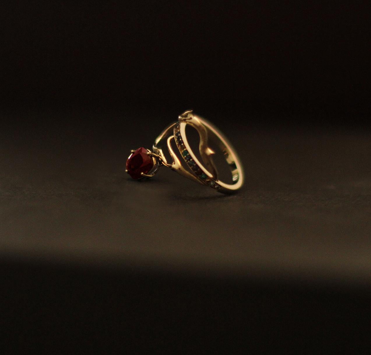 Contemporary Yellow Gold Tibetan Ring with Ruby and Diamonds  For Sale