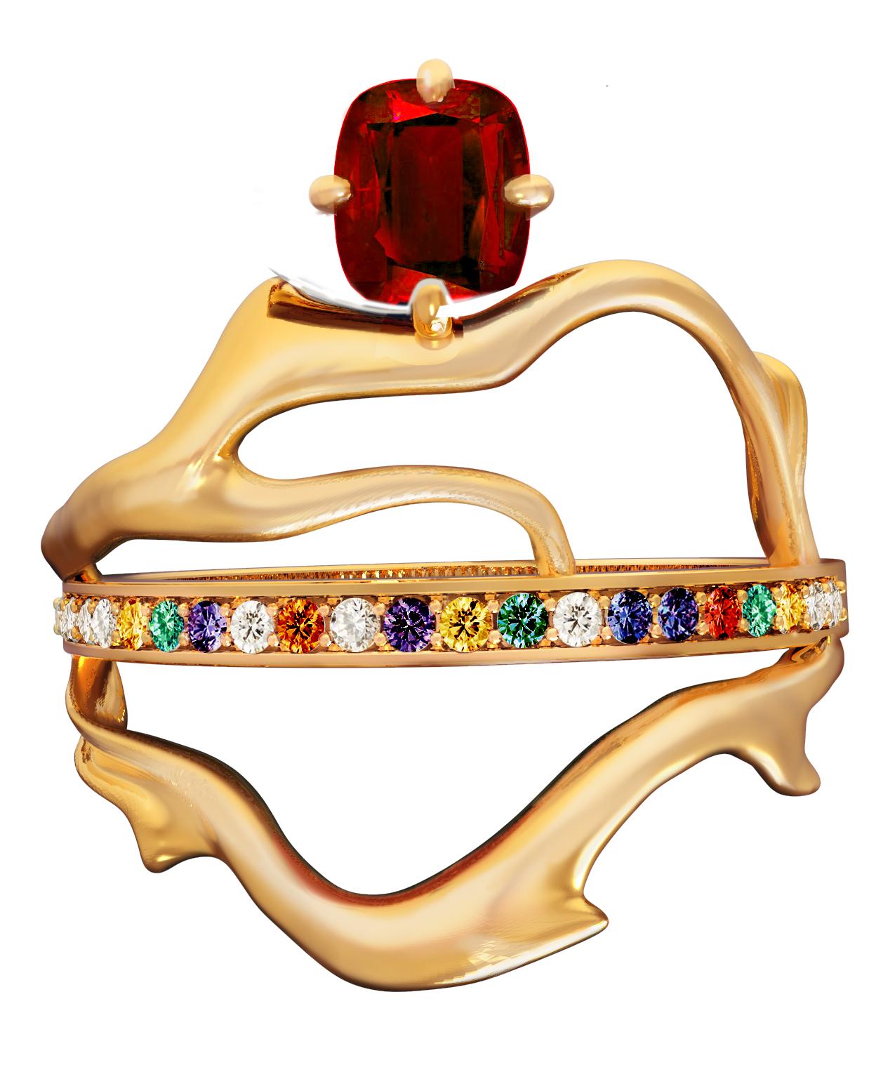 Yellow Gold Tibetan Ring with Ruby and Diamonds  For Sale 1