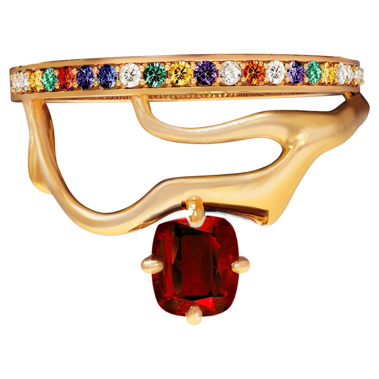 Tibetischer Ring aus Gelbgold mit Rubin und Diamanten 