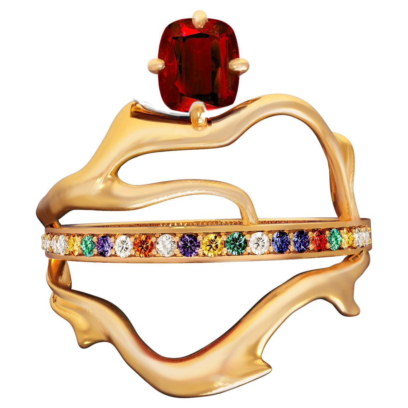 Bague tibétaine en or jaune avec rubis et diamants  en vente