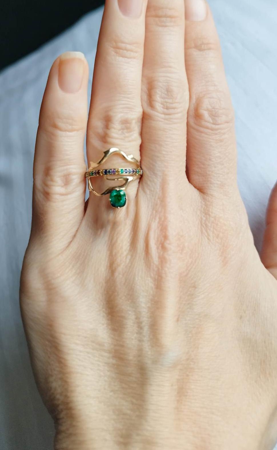 Women's Yellow Gold Tibetan Ring with Vivid Cushion Emerald and Diamonds  For Sale