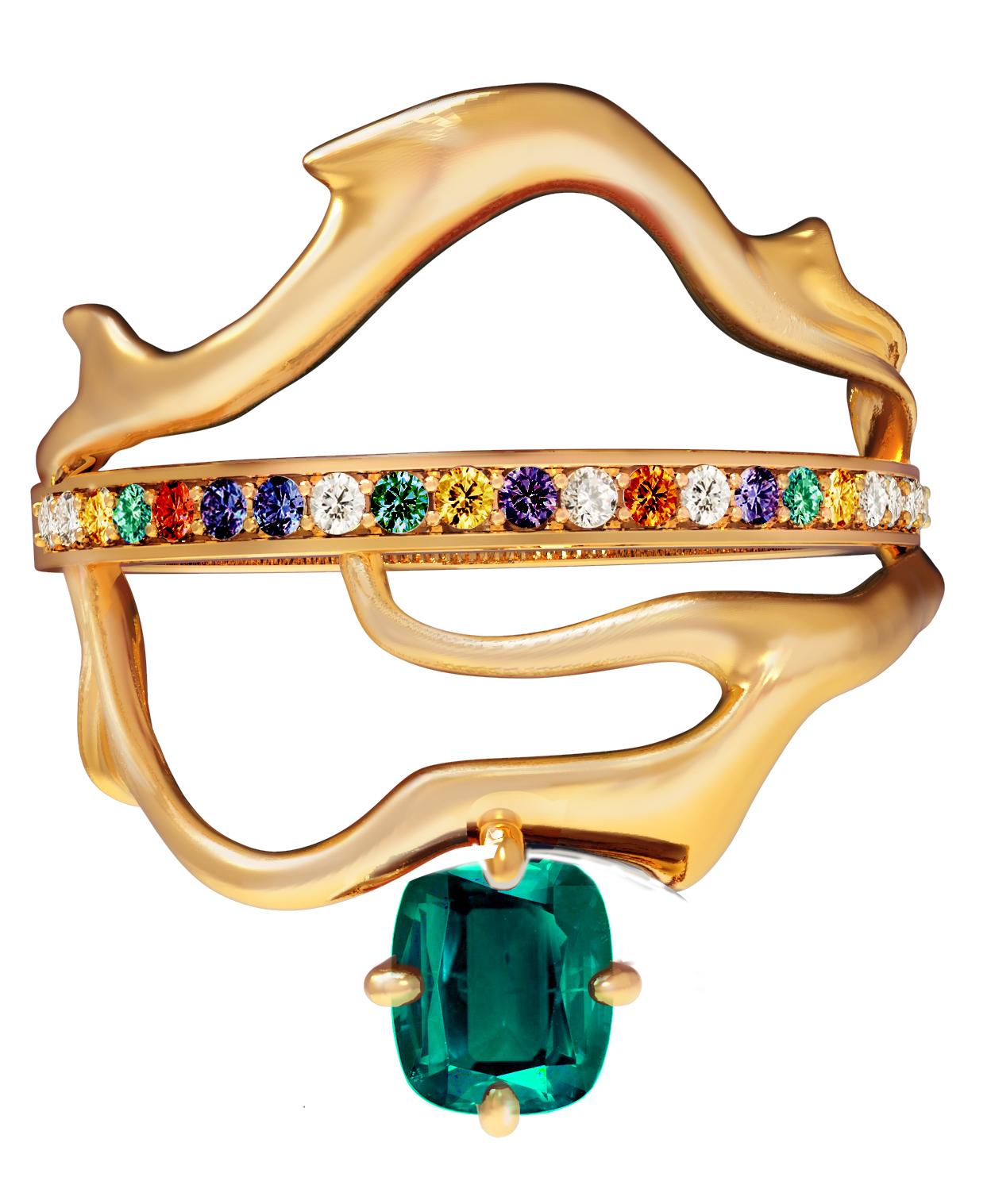 Yellow Gold Tibetan Ring with Vivid Cushion Emerald and Diamonds  For Sale 1