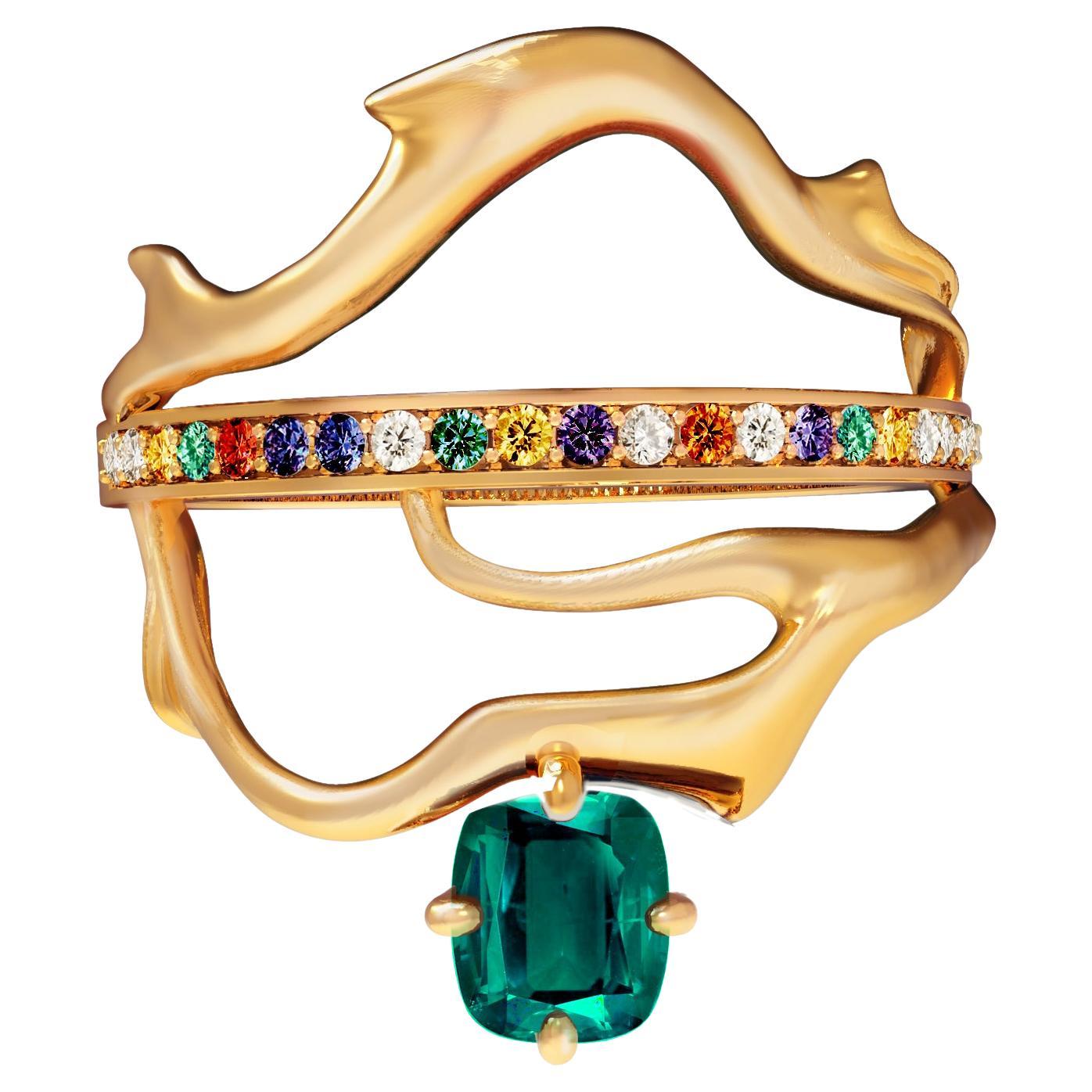 Yellow Gold Tibetan Ring with Vivid Cushion Emerald and Diamonds  For Sale