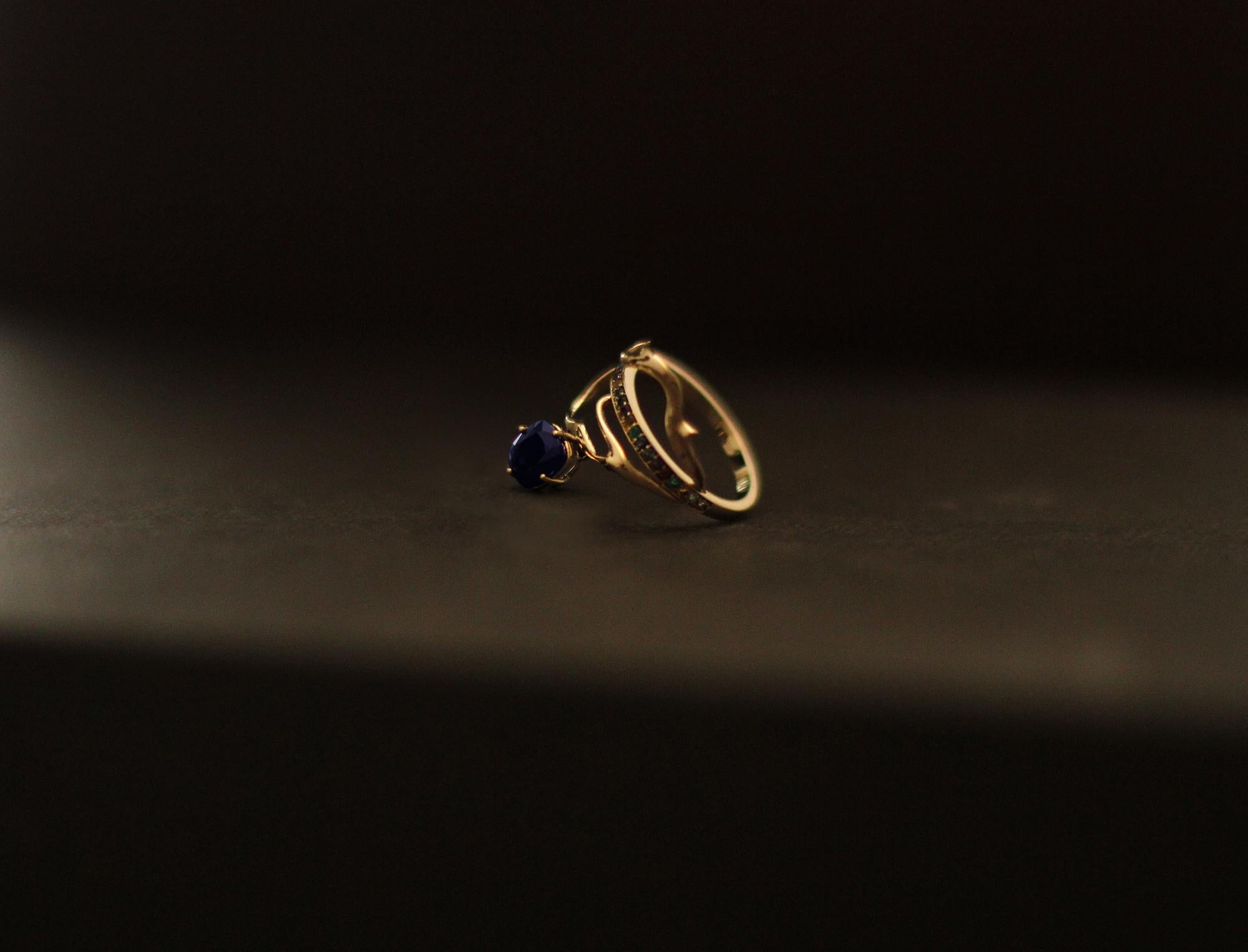 Women's Yellow Gold Tibetan Ring with Vivid Cushion Sapphire and Diamonds  For Sale