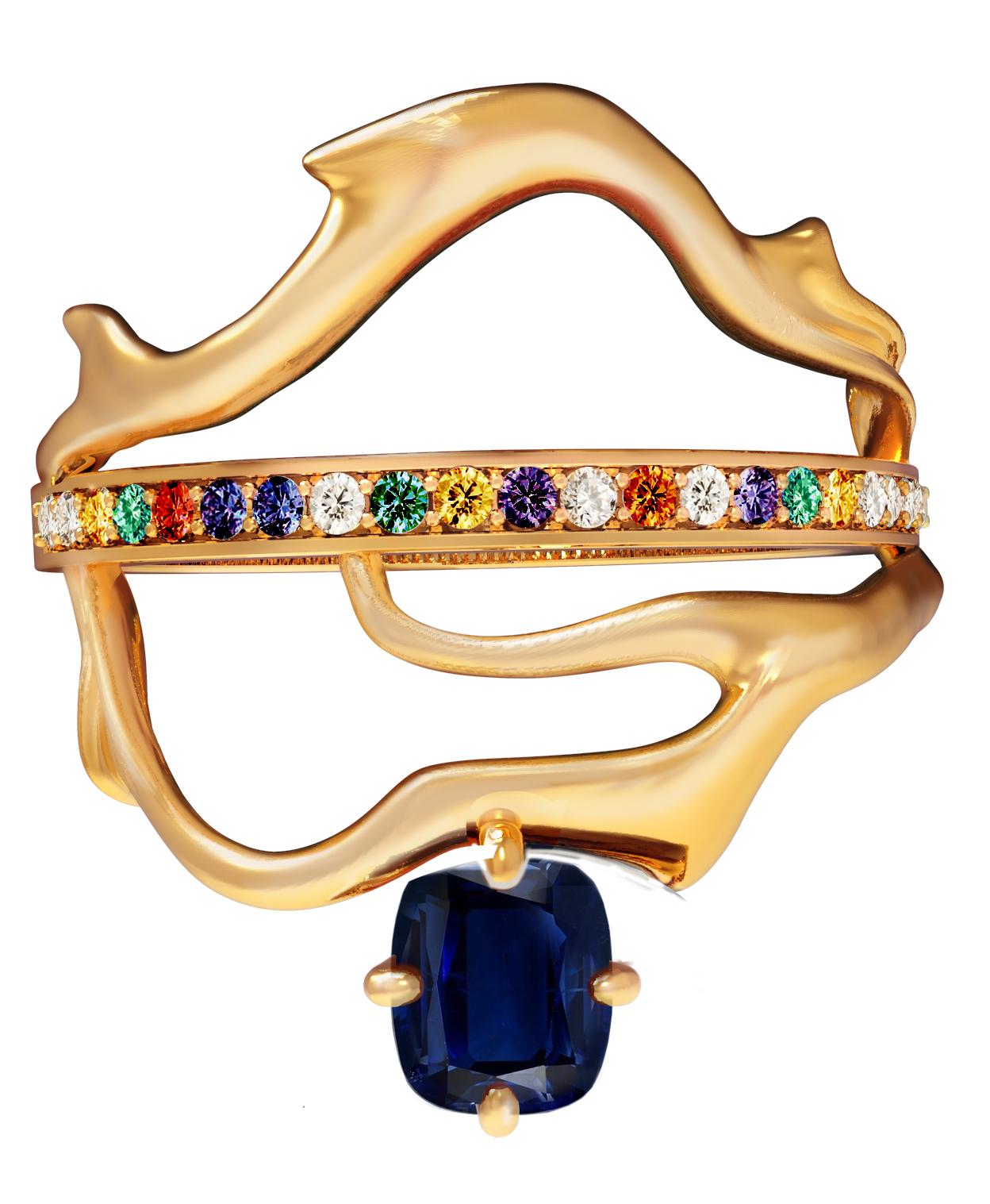 Yellow Gold Tibetan Ring with Vivid Cushion Sapphire and Diamonds  For Sale 1