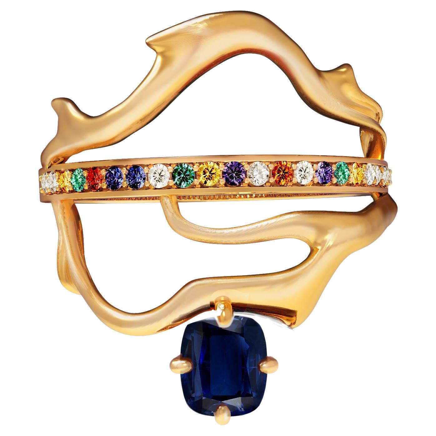 Yellow Gold Tibetan Ring with Vivid Cushion Sapphire and Diamonds  For Sale