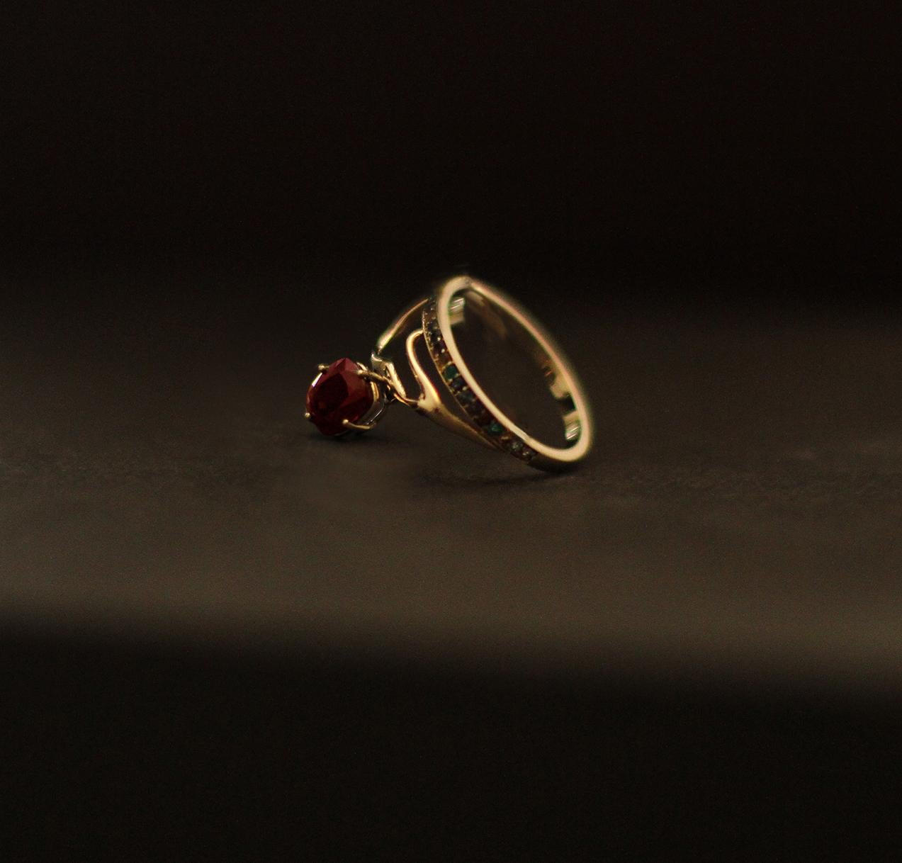 Cushion Cut Yellow Gold Tibetan Ring with Vivid Red Spinel and Diamonds  For Sale