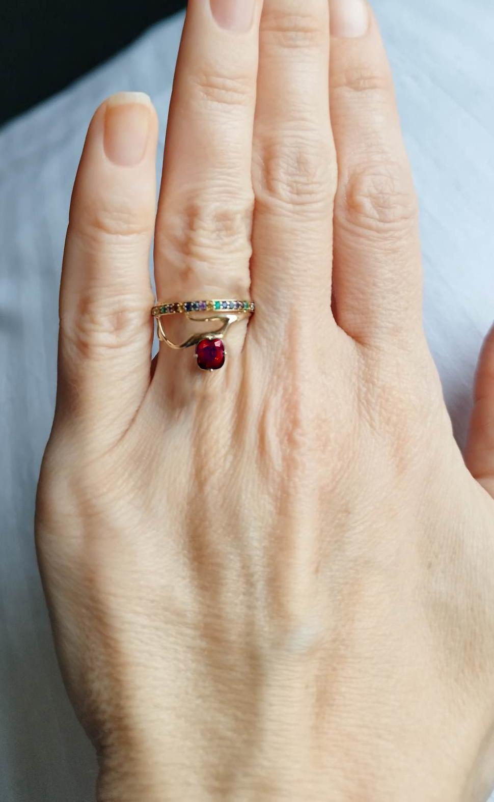 Women's Yellow Gold Tibetan Ring with Vivid Red Spinel and Diamonds  For Sale