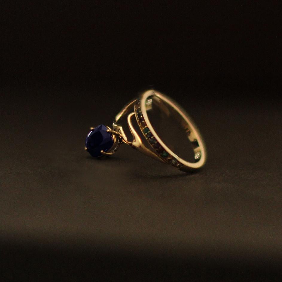 Contemporary Yellow Gold Tibetan Ring with Vivid Sapphire and Diamonds  For Sale