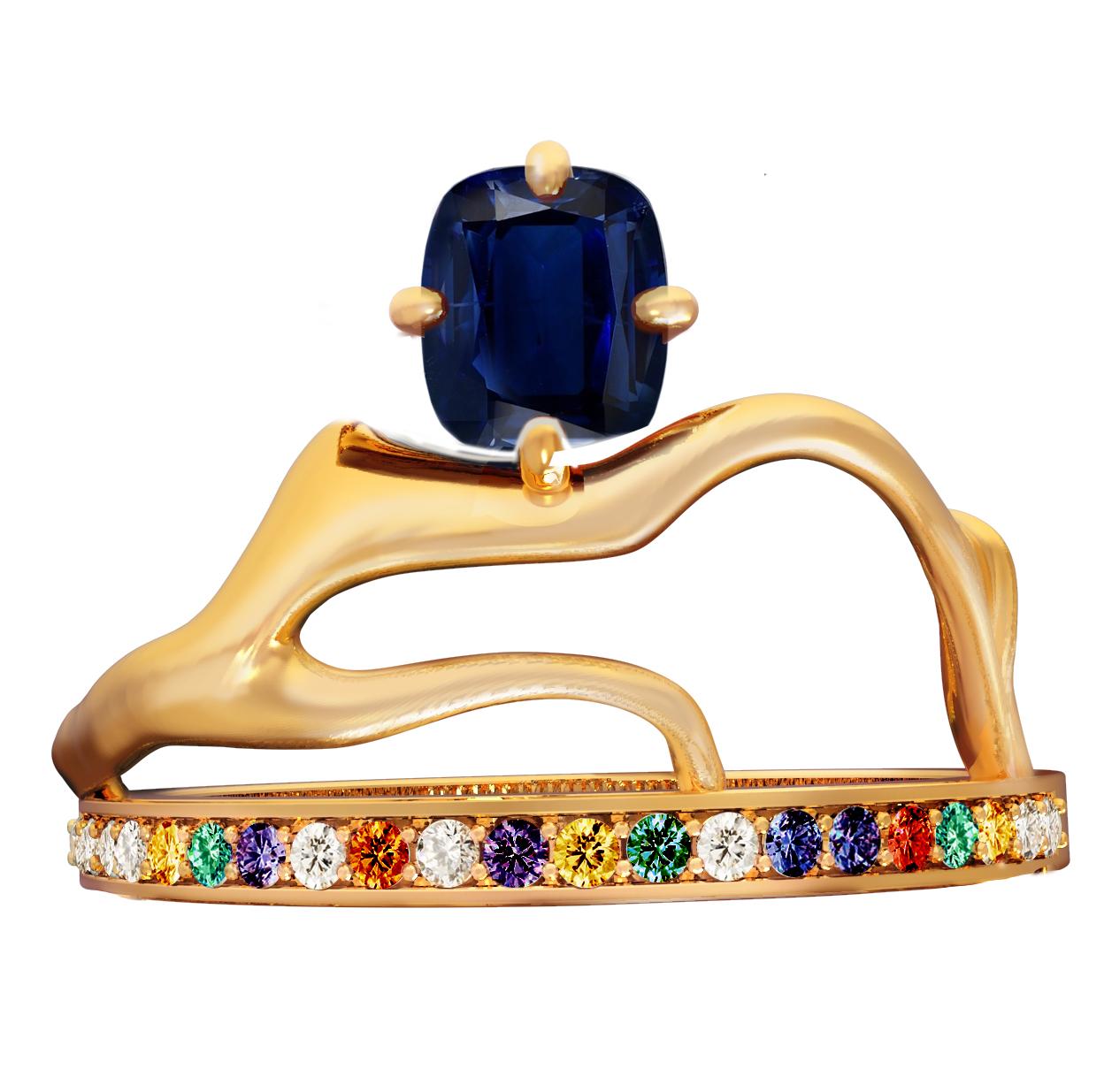 Yellow Gold Tibetan Ring with Vivid Sapphire and Diamonds  For Sale 1