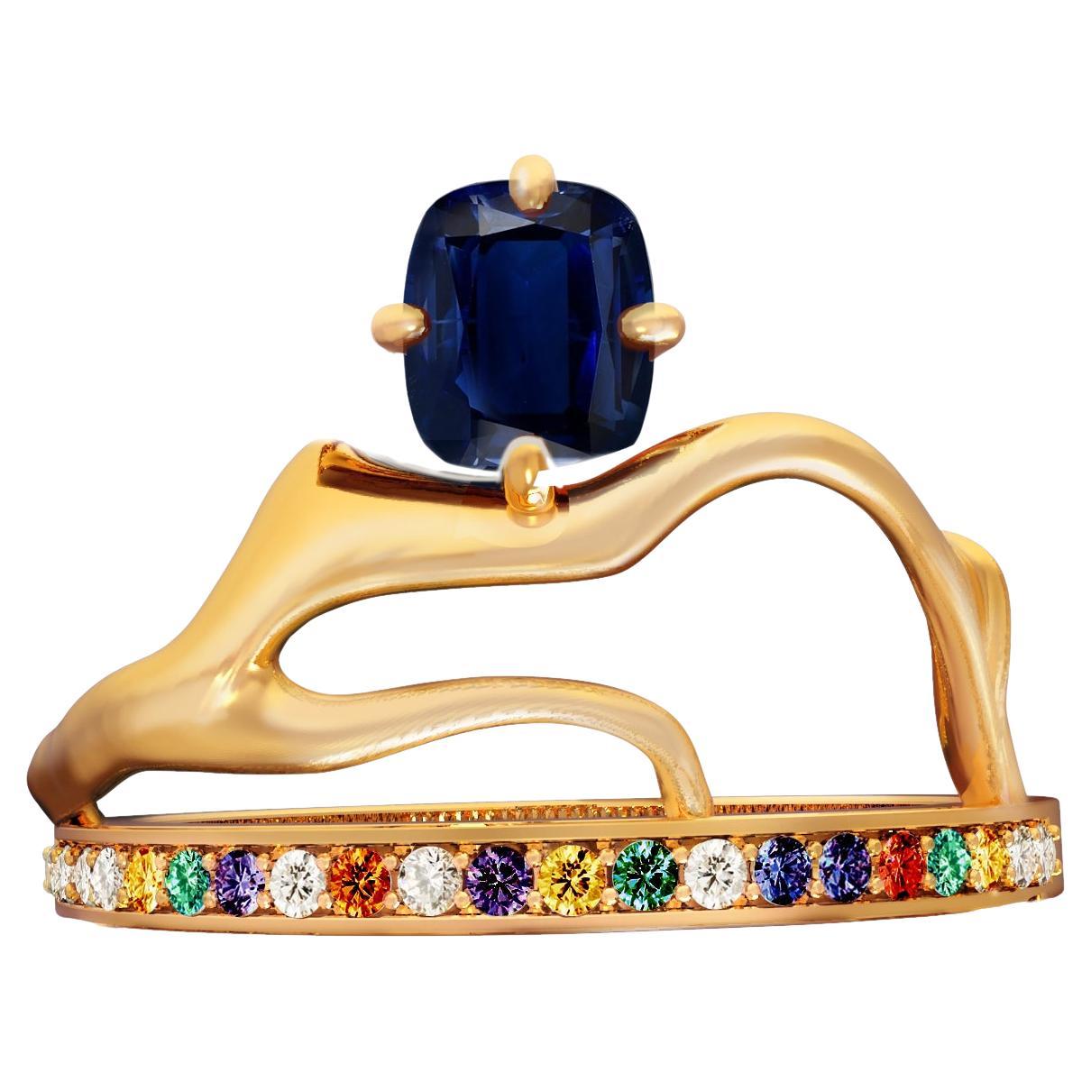 Yellow Gold Tibetan Ring with Vivid Sapphire and Diamonds  For Sale