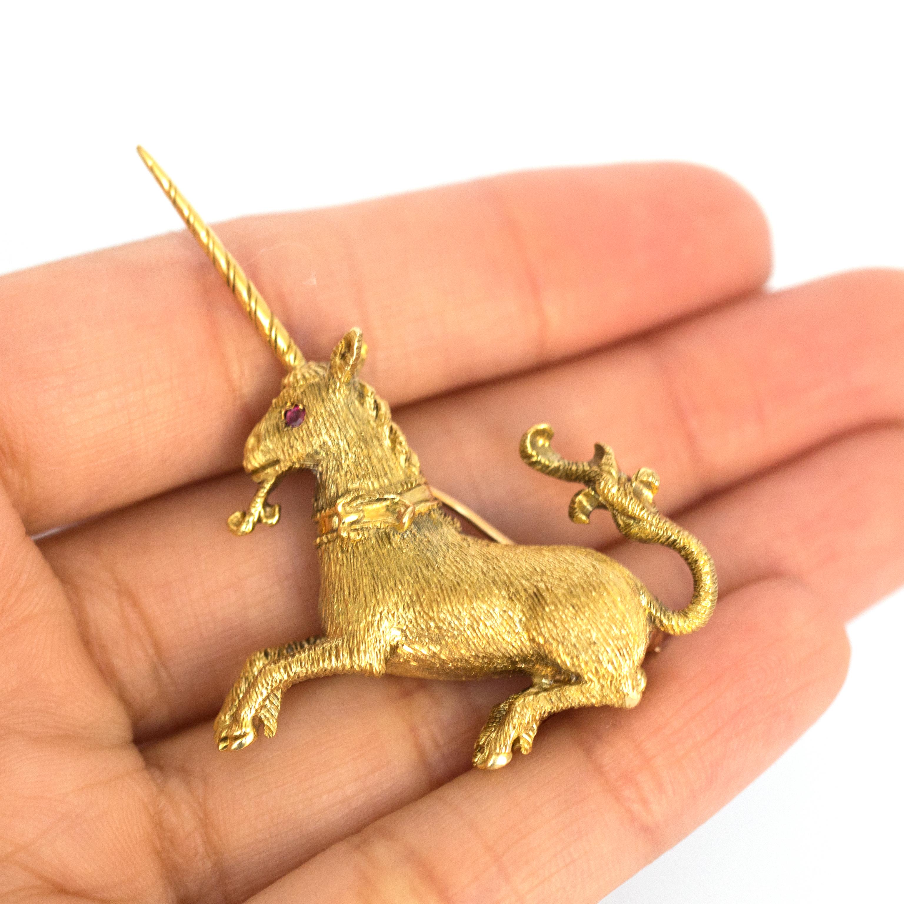 Retro Yellow Gold Tiffany & Co. Unicorn Ruby Pin