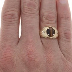 Yellow Gold Tiger Eye Diamond Men's Ring 14k Oval Cabochon