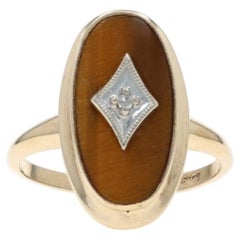 Yellow Gold Tiger Eye Diamond Ring - 10k Oval Cabochon