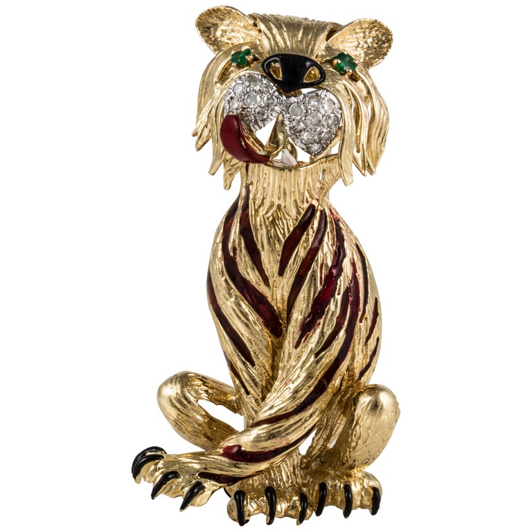 Enamel Tiger Brooch with Diamonds in 18K Gold For Sale at 1stDibs