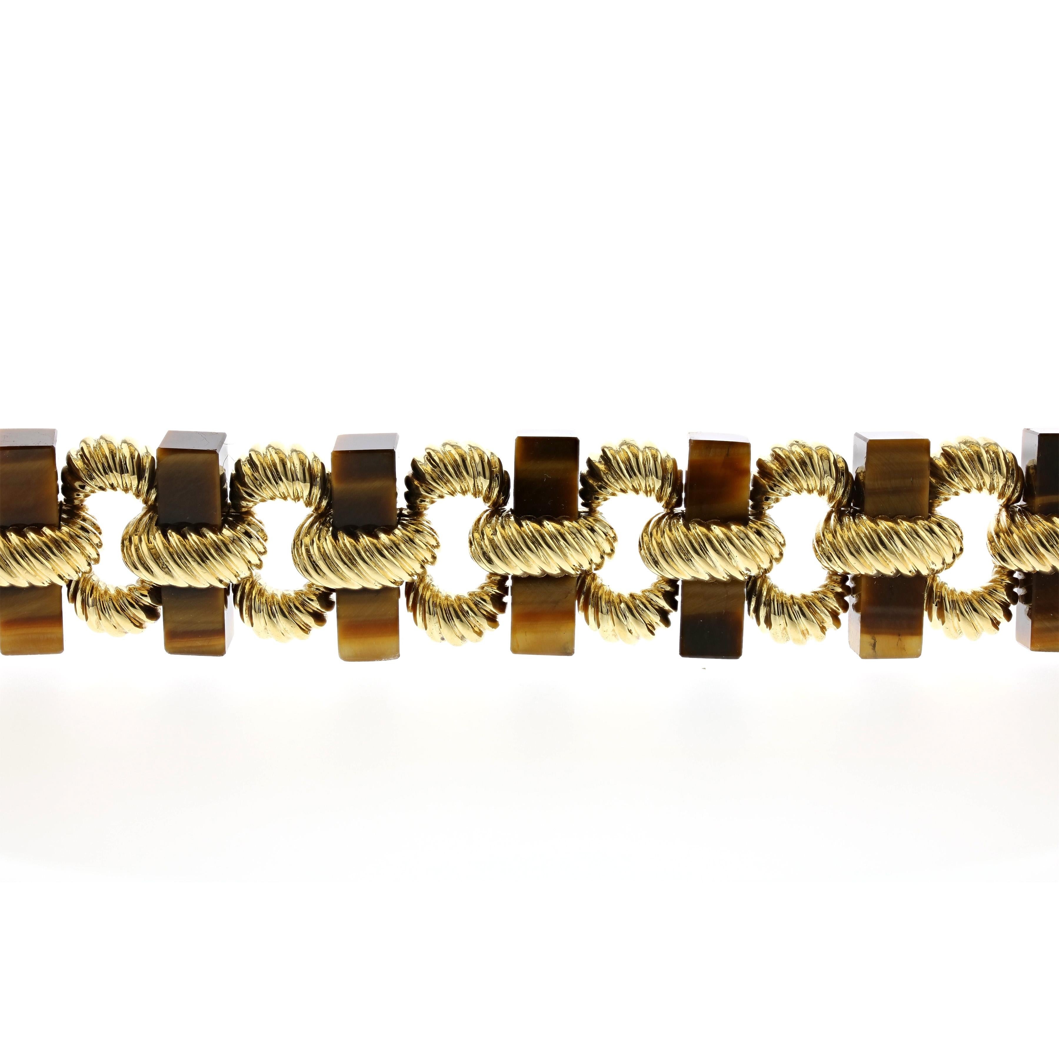 Mixed Cut 18K Yellow Gold Tiger's Eye Bracelet For Sale