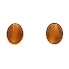 Yellow Gold Tiger's Eye Oval Stud Earrings - 14k Oval Cabochon