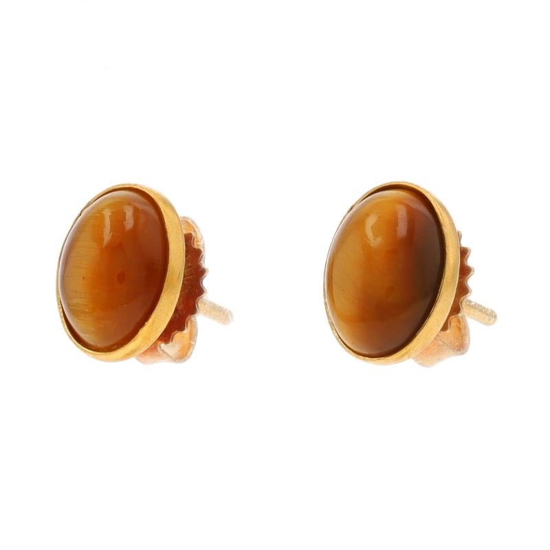 Oval Cut Yellow Gold Tiger's Eye Oval Stud Earrings - 14k Oval Cabochon For Sale