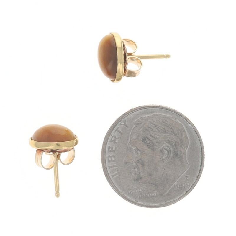 Yellow Gold Tiger's Eye Oval Stud Earrings - 14k Oval Cabochon In Excellent Condition For Sale In Greensboro, NC
