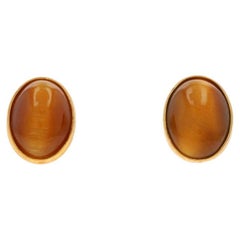 Yellow Gold Tiger's Eye Oval Stud Earrings - 14k Oval Cabochon