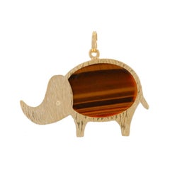 Yellow Gold Tiger's Eye Vintage Elephant Pendant 14k Oval Pachyderm