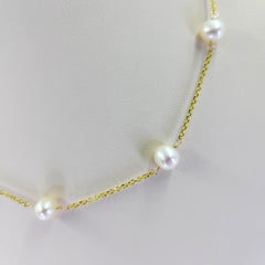 Yellow Gold Tin Cup Pearl Station Necklace