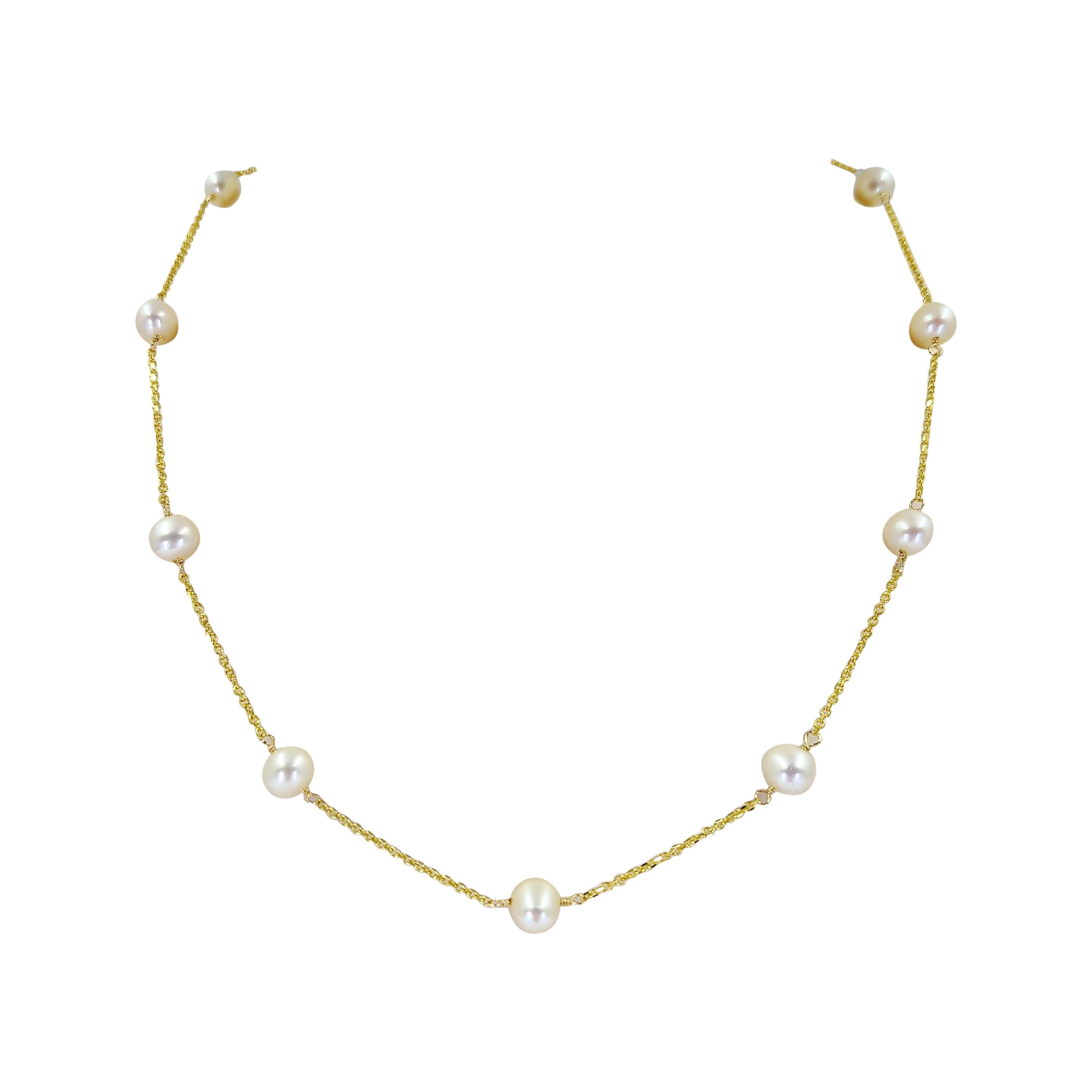 Yellow Gold Tin Cup Pearl Station Necklace