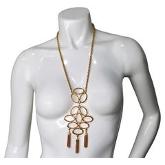 Yellow Gold-Tone Geometric Pendant Necklace With Tassels circa 1970s