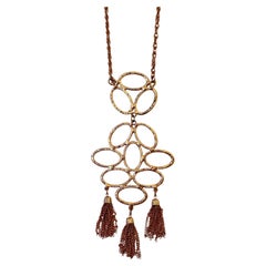 Yellow Gold-Tone Geometric Pendant Necklace With Tassels circa 1970s