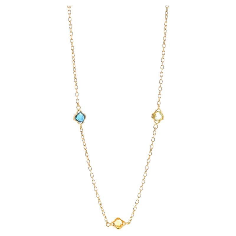 Yellow Gold Topaz Citrine Amethyst Quatrefoil Station Necklace 36" - 14k .720ctw