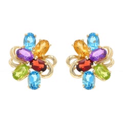 Yellow Gold Topaz Garnet Peridot Large Cluster Stud Earrings - 10k Oval 6.18ctw