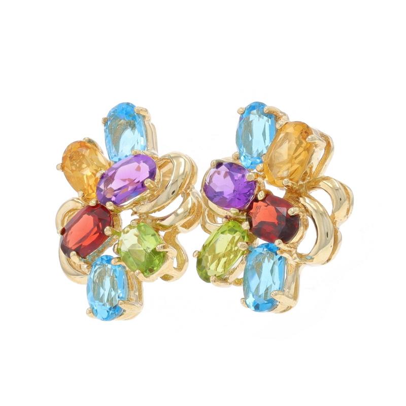Oval Cut Yellow Gold Topaz Garnet Peridot Large Cluster Stud Earrings - 10k Oval 6.18ctw For Sale