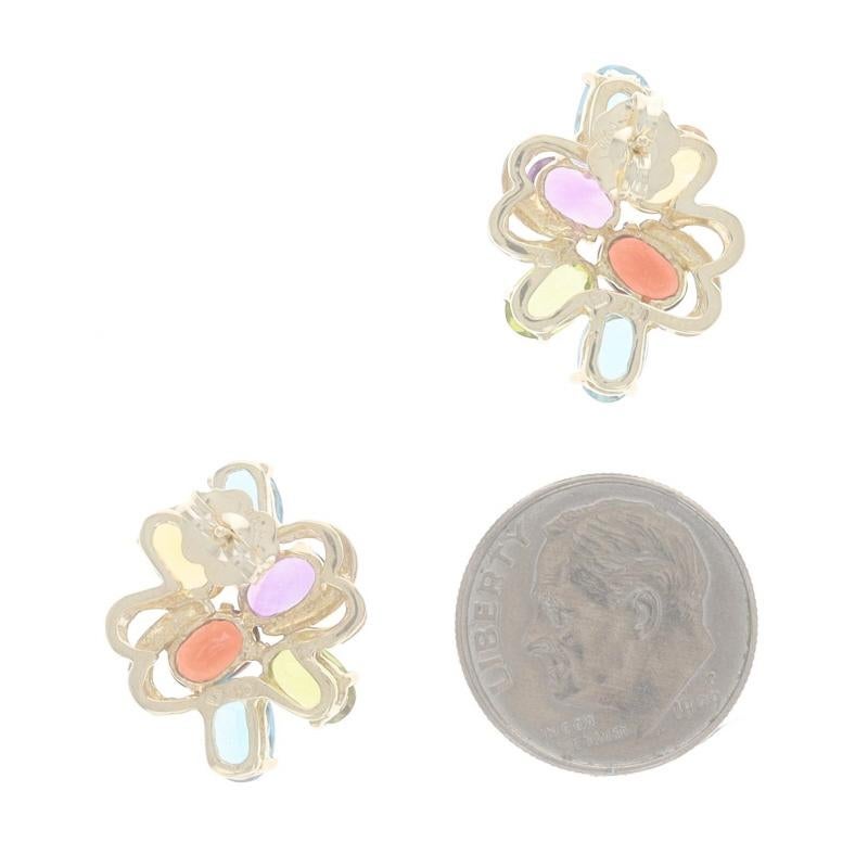 Yellow Gold Topaz Garnet Peridot Large Cluster Stud Earrings - 10k Oval 6.18ctw In Excellent Condition For Sale In Greensboro, NC