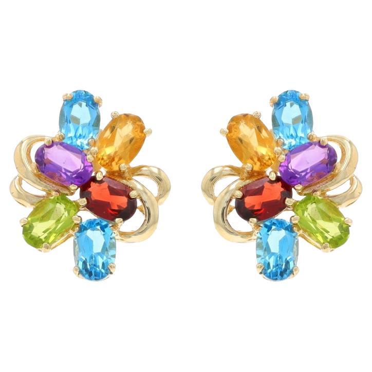 Yellow Gold Topaz Garnet Peridot Large Cluster Stud Earrings - 10k Oval 6.18ctw